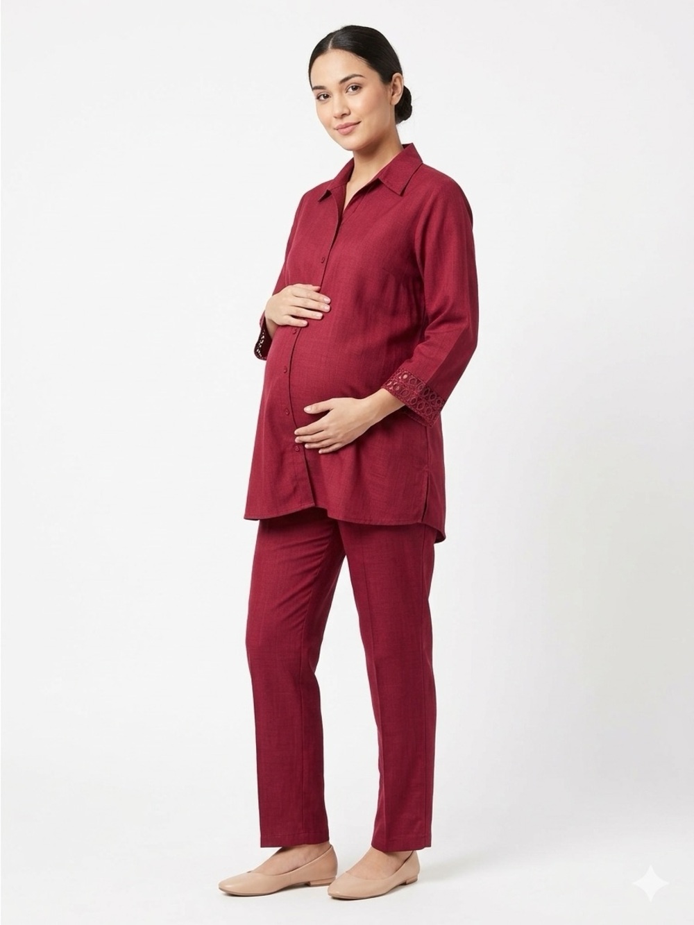 STEENA Maternity Red Shirt Pant Suit Set Size S Small Asian Style